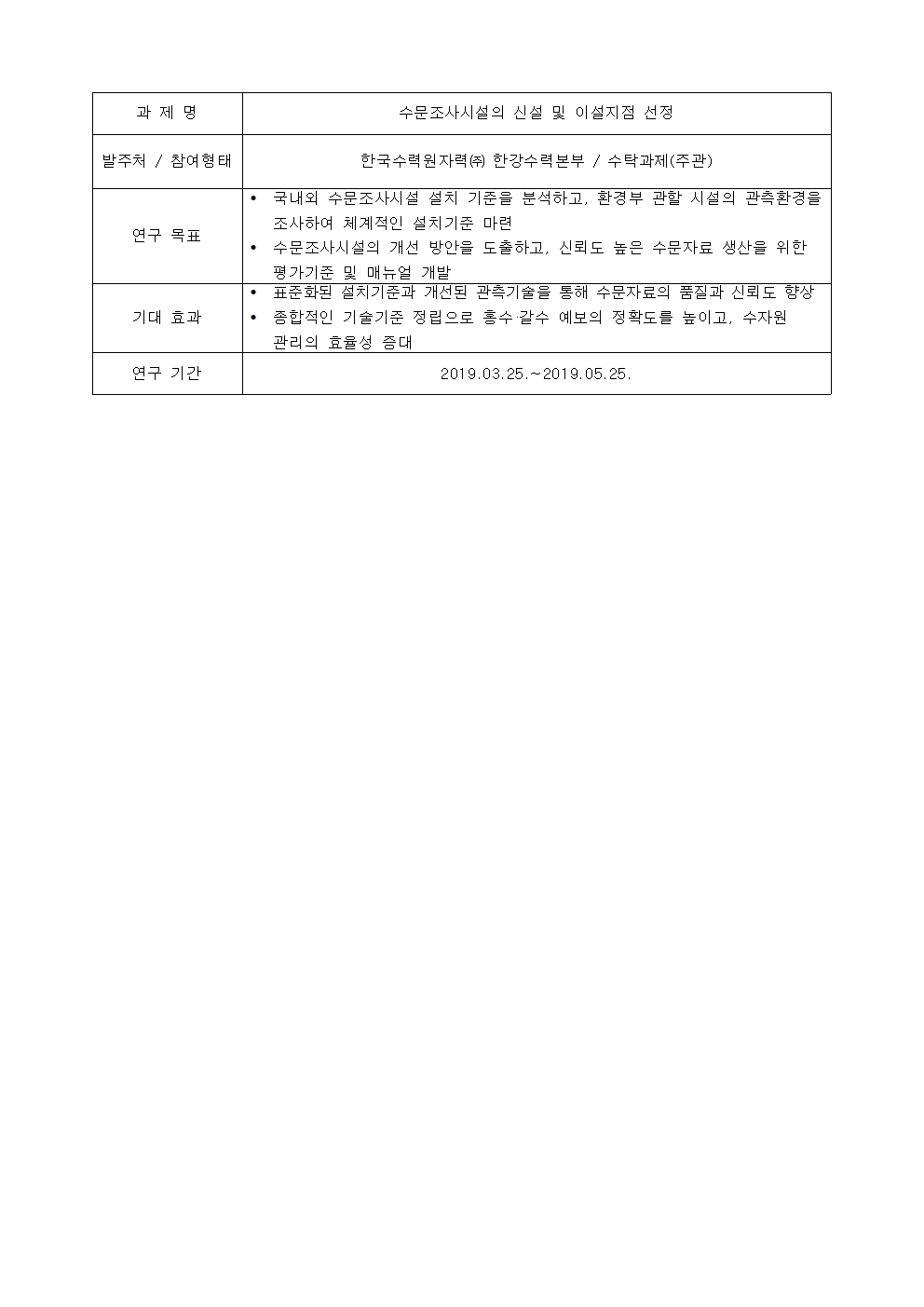 과제명
수문조사시설의 신설 및 이설지점 선정

발주처 / 참여형태

한국수력원자력(주) 한강수력본부 / 수탁과제(주관)
연구 목표
• 국내외 수문조사시설 설치 기준을 분석하고, 환경부 관할 시설의 관측환경을
조사하여 체계적인 설치기준 마련
• 수문조사시설의 개선 방안을 도출하고, 신뢰도 높은 수문자료 생산을 위한
평가기준 및 매뉴얼 개발
기대 효과
• 표준화된 설치기준과 개선된 관측기술을 통해 수문자료의 품질과 신뢰도 향상
• 종합적인 기술기준 정립으로 홍수 갈수 예보의 정확도를 높이고, 수자원
관리의 효율성 증대
연구 기간

2019.03.25 .~ 2019.05.25.