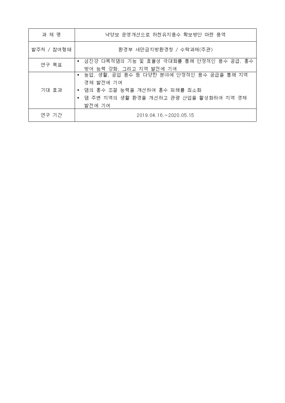 과제명

낙양보 운영개선으로 하천유지용수 확보방안 마련 용역

발주처 / 참여형태

환경부 새만금지방환경청 / 수탁과제(주관)

연구 목표

• 섬진강 다목적댐의 기능 및 효율성 극대화를 통해 안정적인 용수 공급, 홍수
방어 능력 강화, 그리고 지역 발전에 기여
기대 효과
• 농업, 생활, 공업 용수 등 다양한 분야에 안정적인 용수 공급을 통해 지역
경제 발전에 기여
• 댐의 홍수 조절 능력을 개선하여 홍수 피해를 최소화
• 댐 주변 지역의 생활 환경을 개선하고 관광 산업을 활성화하여 지역 경제
발전에 기여

연구 기간
2019.04.16 .~ 2020.05.15