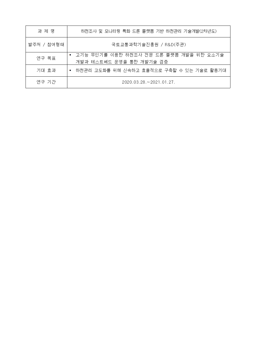 과제명:
하천조사 및 모니터링 특화 드론 플랫폼 기반 하천관리 기술개발(2차년도)
발주처 / 참여형태:
국토교통과학기술진흥원 / R&D(주관)
연구 목표:
• 고기능 무인기를 이용한 하천조사 전문 드론 플랫폼 개발을 위한 요소기술
개발과 테스트베드 운영을 통한 개발기술 검증
기대 효과:
• 하천관리 고도화를 위해 신속하고 효율적으로 구축할 수 있는 기술로 활용기대
연구 기간:
2020.03.28 .~ 2021.01.27.