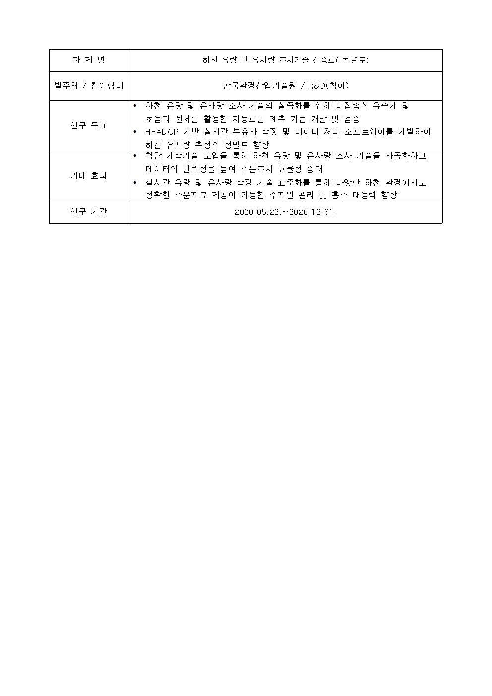 과제명:
하천 유량 및 유사량 조사기술 실증화(1차년도)
발주처 / 참여형태:
한국환경산업기술원 / R&D(참여)
연구 목표:
• 하천 유량 및 유사량 조사 기술의 실증화를 위해 비접촉식 유속계 및
초음파 센서를 활용한 자동화된 계측 기법 개발 및 검증
• H-ADCP 기반 실시간 부유사 측정 및 데이터 처리 소프트웨어를 개발하여
하천 유사량 측정의 정밀도 향상
기대 효과:
• 첨단 계측기술 도입을 통해 하천 유량 및 유사량 조사 기술을 자동화하고,
데이터의 신뢰성을 높여 수문조사 효율성 증대
• 실시간 유량 및 유사량 측정 기술 표준화를 통해 다양한 하천 환경에서도
정확한 수문자료 제공이 가능한 수자원 관리 및 홍수 대응력 향상
연구 기간:
2020.05.22 .~ 2020.12.31.