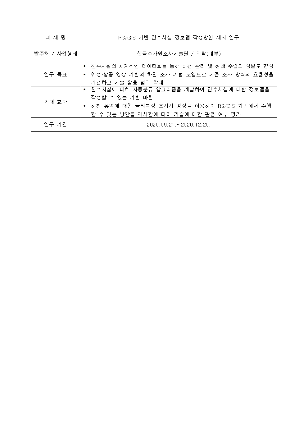 과제명:
RS/GIS 기반 친수시설 정보맵 작성방안 제시 연구
발주처 / 사업형태:
한국수자원조사기술원 / 위탁(내부)
연구 목표:
• 친수시설의 체계적인 데이터화를 통해 하천 관리 및 정책 수립의 정밀도 향상
• 위성 ·항공 영상 기반의 하천 조사 기법 도입으로 기존 조사 방식의 효율성을
개선하고 기술 활용 범위 확대
기대 효과:
• 친수시설에 대해 자동분류 알고리즘을 개발하여 친수시설에 대한 정보맵을
작성할 수 있는 기반 마련
• 하천 유역에 대한 물리특성 조사시 영상을 이용하여 RS/GIS 기반에서 수행
할 수 있는 방안을 제시함에 따라 기술에 대한 활용 여부 평가
연구 기간:
2020.09.21 .~ 2020.12.20.