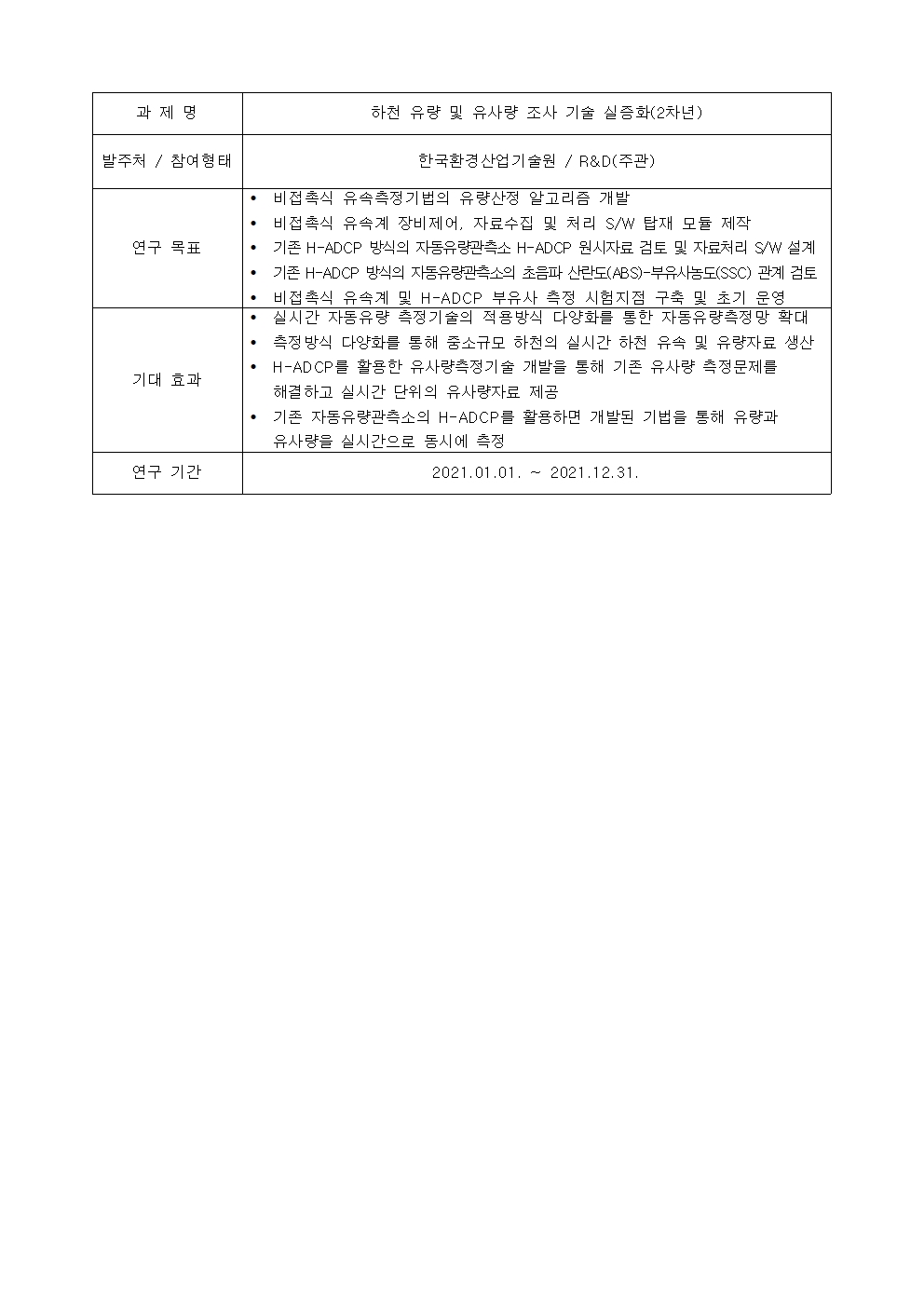 과제명:
하천 유량 및 유사량 조사 기술 실증화(2차년)
발주처 / 참여형태:
한국환경산업기술원 / R&D(주관)
연구 목표:
• 비접촉식 유속측정기법의 유량산정 알고리즘 개발
• 비접촉식 유속계 장비제어, 자료수집 및 처리 S/W 탑재 모듈 제작
• 기존 H-ADCP 방식의 자동유량관측소 H-ADCP 원시자료 검토 및 자료처리 S/W 설계
• 기존 H-ADCP 방식의 자동유량관측소의 초음파 산란도(ABS)-부유사농도(SSC) 관계 검토
• 비접촉식 유속계 및 H-ADCP 부유사 측정 시험지점 구축 및 초기 운영
기대 효과:
• 실시간 자동유량 측정기술의 적용방식 다양화를 통한 자돔유량측정망 확대
• 측정방식 다양화를 통해 중소규모 하천의 실시간 하천 유속 및 유량자료 생산
• H-ADCP를 활용한 유사량측정기술 개발을 통해 기존 유사량 측정문제를
해결하고 실시간 단위의 유사량자료 제공
• 기존 자동유량관측소의 H-ADCP를 활용하면 개발된 기법을 통해 유량과
유사량을 실시간으로 동시에 측정
연구 기간:
2021.01.01. ~ 2021.12.31.