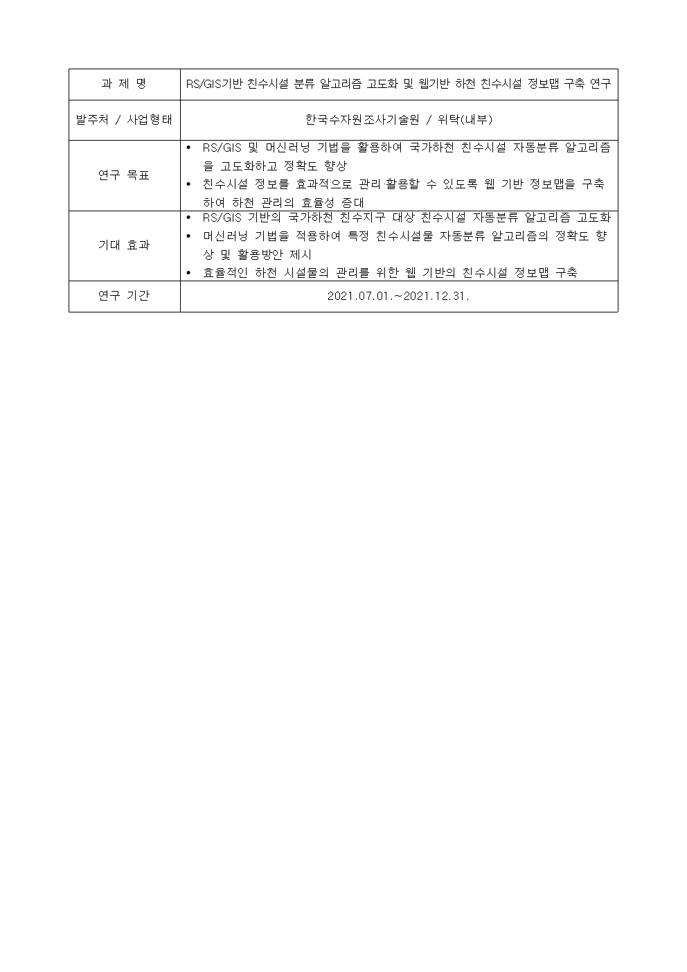과제명:
RS/GIS기반 친수시설 분류 알고리즘 고도화 및 웹기반 하천 친수시설 정보맵 구축 연구
발주처 / 사업형태:
한국수자원조사기술원 / 위탁(내부)
연구 목표:
• RS/GIS 및 머신러닝 기법을 활용하여 국가하천 친수시설 자동분류 알고리즘
을 고도화하고 정확도 향상
• 친수시설 정보를 효과적으로 관리 활용할 수 있도록 웹 기반 정보맵을 구축
하여 하천 관리의 효율성 증대
기대 효과:
• RS/GIS 기반의 국가하천 친수지구 대상 친수시설 자동분류 알고리즘 고도화
• 머신러닝 기법을 적용하여 특정 친수시설물 자돔분류 알고리즘의 정확도 향
상 및 활용방안 제시
• 효율적인 하천 시설물의 관리를 위한 웹 기반의 친수시설 정보맵 구축
연구 기간:
2021.07.01 .~ 2021.12.31.