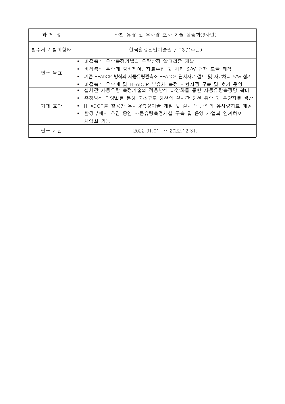 과제명:
하천 유량 및 유사량 조사 기술 실증화(3차년)
발주처 / 참여형태:
한국환경산업기술원 / R&D(주관)
연구 목표:
• 비접촉식 유속측정기법의 유량산정 알고리즘 개발
• 비접촉식 유속계 장비제어, 자료수집 및 처리 S/W 탑재 모듈 제작
• 기존 H-ADCP 방식의 자동유량관측소 H-ADCP 원시자료 검토 및 자료처리 S/W 설계
• 비접촉식 유속계 및 H-ADCP 부유사 측정 시험지점 구축 및 초기 운영
기대 효과:
• 실시간 자동유량 측정기술의 적용방식 다양화를 통한 자동유량측정망 확대
• 측정방식 다양화를 통해 중소규모 하천의 실시간 하천 유속 및 유량자료 생산
• H-ADCP를 활용한 유사량측정기술 개발 및 실시간 단위의 유사량자료 제공
• 환경부에서 추진 중인 자동유량측정시설 구축 및 운영 사업과 연계하여
사업화 가능
연구 기간:
2022.01.01. ~ 2022.12.31.