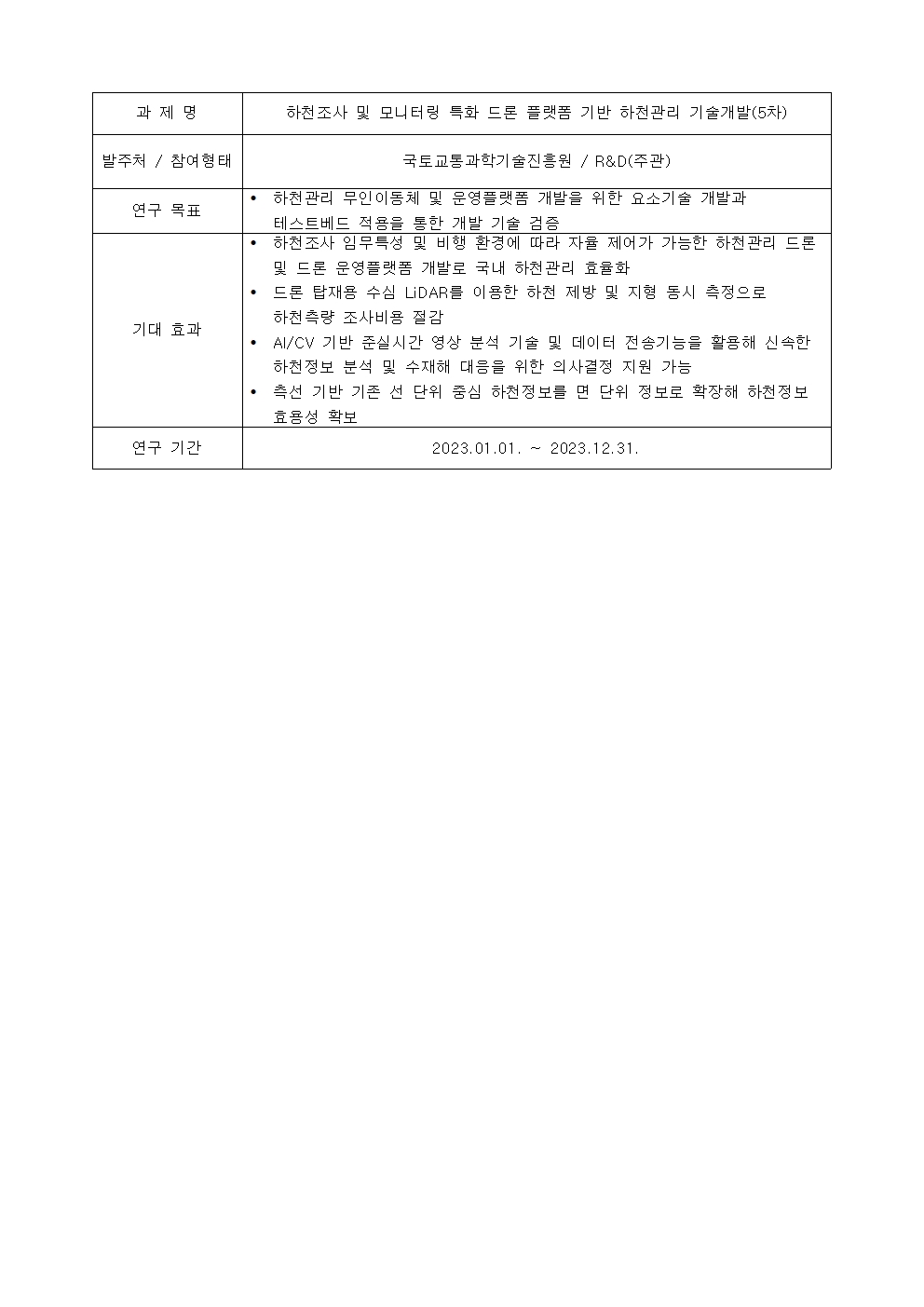 과제명:
하천조사 및 모니터링 특화 드론 플랫폼 기반 하천관리 기술개발(5차)
발주처 / 참여형태:
국토교통과학기술진흥원 / R&D(주관)
연구 목표:
• 하천관리 무인이동체 및 문영플랫폼 개발을 위한 요소기술 개발과
테스트베드 적용을 통한 개발 기술 검증
기대 효과:
• 하천조사 임무특성 및 비행 환경에 따라 자율 제어가 가능한 하천관리 드론
및 드론 운영플랫폼 개발로 국내 하천관리 효율화
• 드론 탑재용 수심 LiDAR를 이용한 하천 제방 및 지형 동시 측정으로
하천측량 조사비용 절감
• AI/CV 기반 준실시간 영상 분석 기술 및 데이터 전송기능을 활용해 신속한
하천정보 분석 및 수재해 대음을 위한 의사결정 지원 가능
• 측선 기반 기존 선 단위 중심 하천정보를 면 단위 정보로 확장해 하천정보
효용성 확보
연구 기간:
2023.01.01. ~ 2023.12.31.