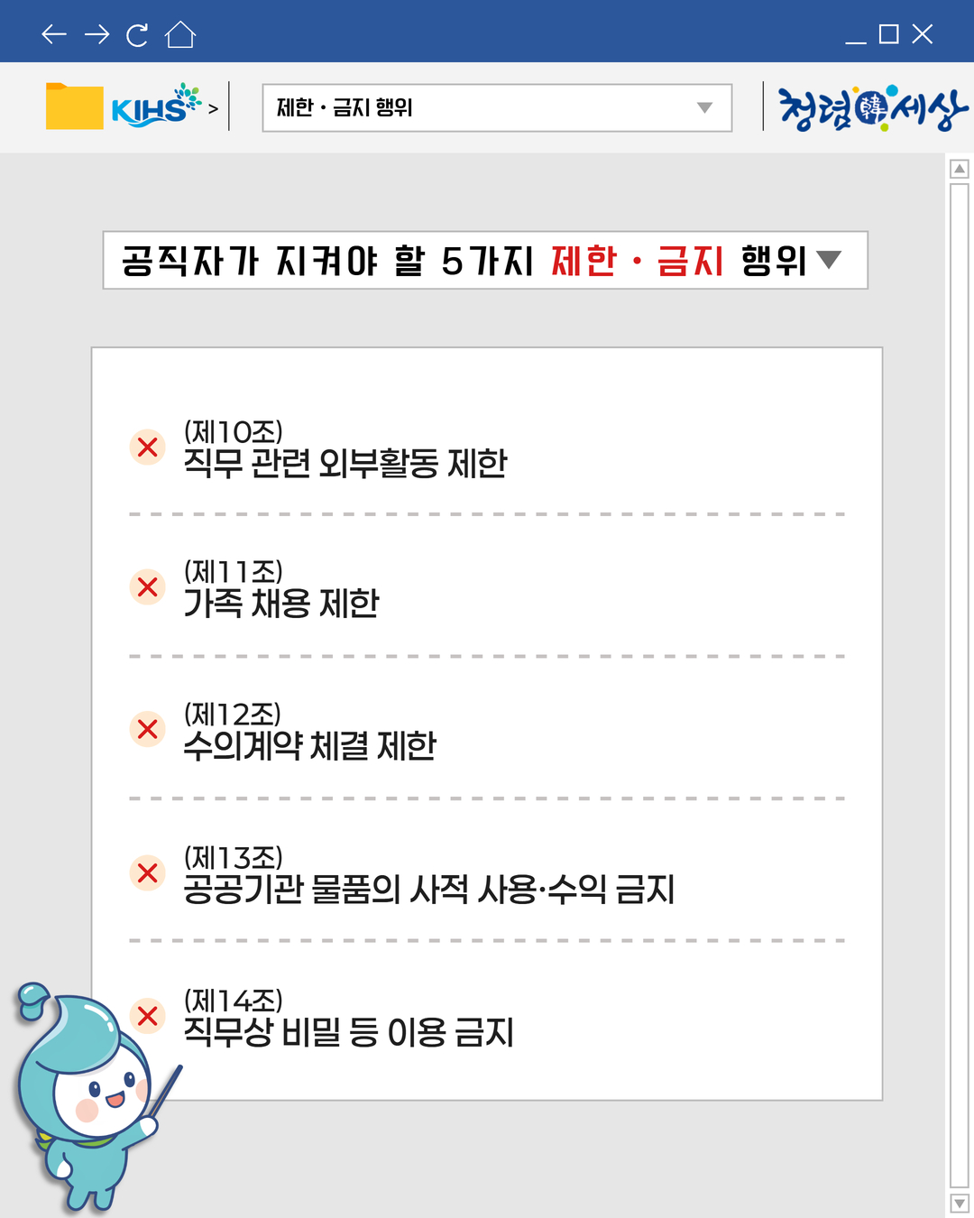 
제한 · 금지 행위
공직자가 지켜야 할 5가지 제한 · 금지 행위
(제10조)
직무 관련 외부활동 제한
(제11조)
가족 채용 제한
(제12조)
수의계약 체결 제한
(제13조)
공공기관 물품의 사적 사용·수익 금지
(제14조)
직무상 비밀 등 이용 금지
