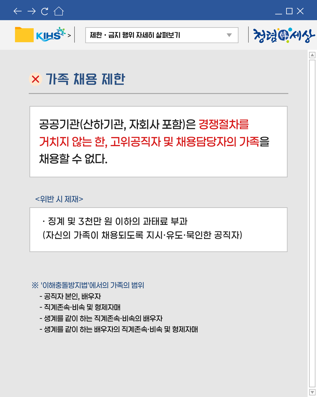 
제한 · 금지 행위 자세히 살펴보기
× 가족 채용 제한
공공기관(산하기관, 자회사 포함)은 경쟁절차를
거치지 않는 한, 고위공직자 및 채용담당자의 가족을
채용할 수 없다.
위반 시 제재
· 징계 및 3천만 원 이하의 과태료 부과
(자신의 가족이 채용되도록 지시·유도·묵인한 공직자)
※ '이해충돌방지법'에서의 가족의 범위
- 공직자 본인, 배우자
- 직계존속·비속 및 형제자매
- 생계를 같이 하는 직계존속·비속의 배우자
- 생계를 같이 하는 배우자의 직계존속·비속 및 형제자매
